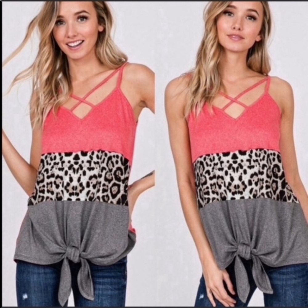 #13 🌟 1 Left! Coral Gray & Leopard Criss Cross V- neck Top - Picture 6 of 6
